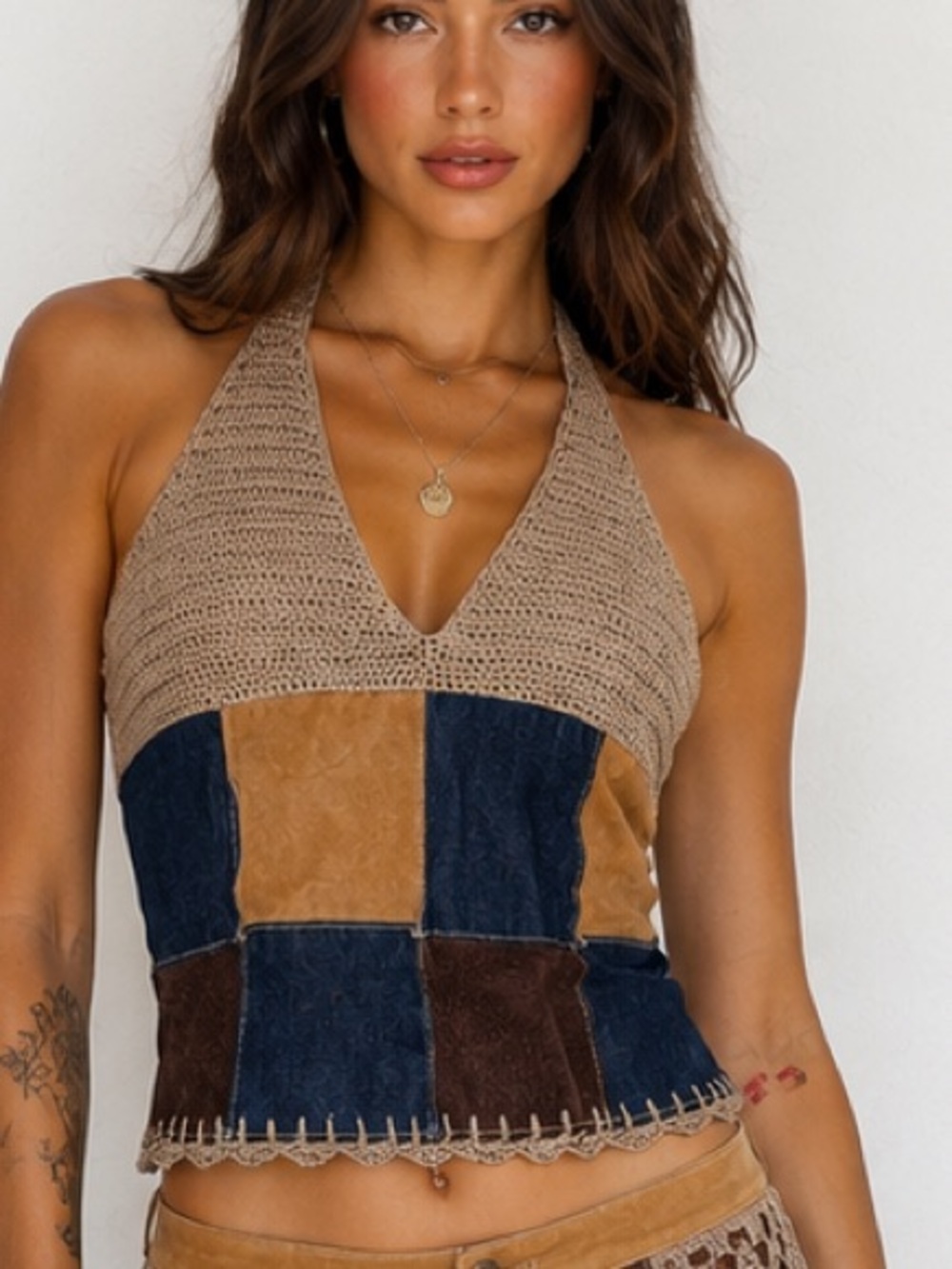 Y2K Wilson’s Leather Maxima Suede Denim Crochet Patchwork halter top size M - Picture 4 of 12